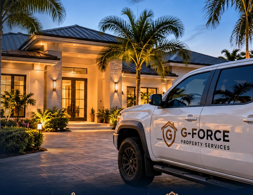 Illustration of a Naples-style home and property service vehicle
